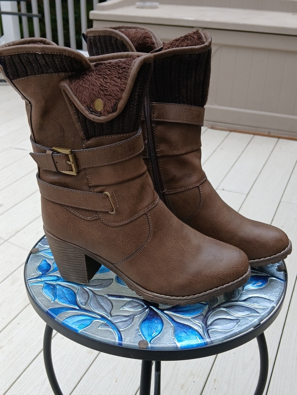 Muk Luks Brown Faux-Leather Mid-Calf Heeled Boots with Faux-Fur Cuff